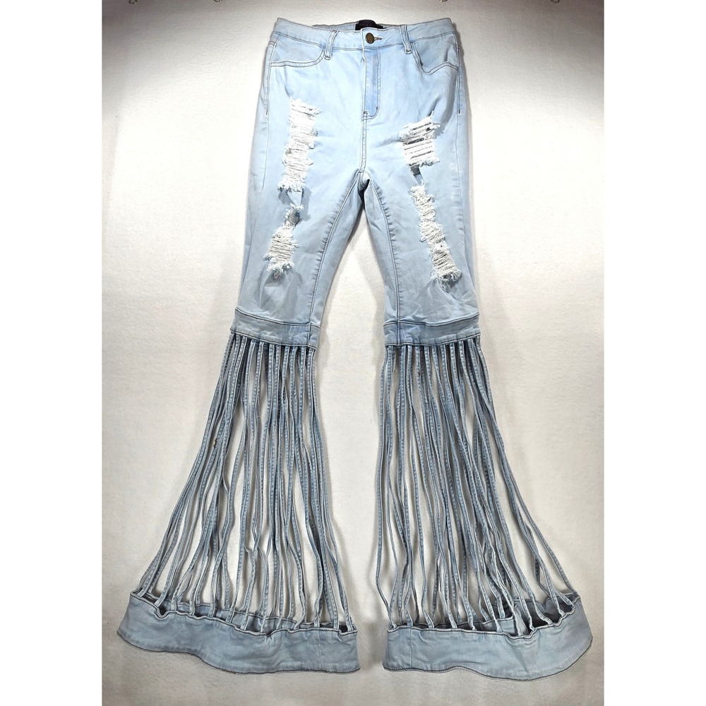 Purple Candy Distressed Cage Fringe Bell Bottom Jeans Light Wash Size L P1262-L